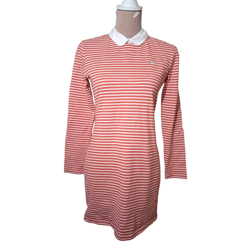 Lacoste Orange White Striped Long Sleeve Cotton Mini Dress Peter Pan Collar